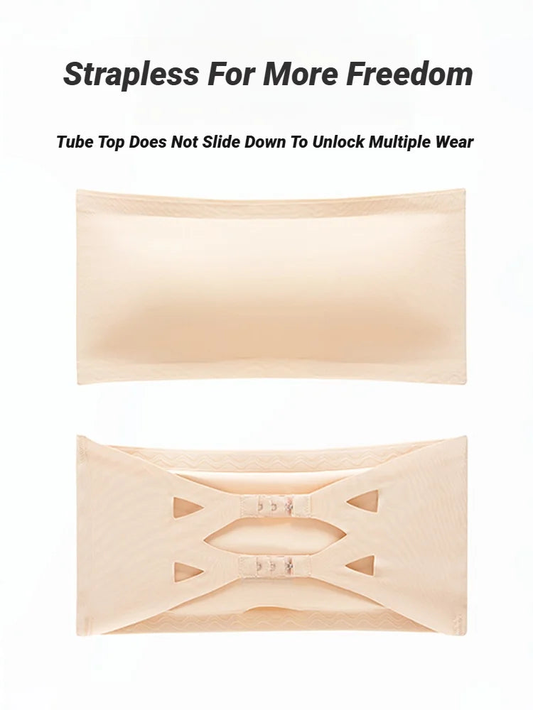 Seamless Strapless Bandeau Bra layered under tank top